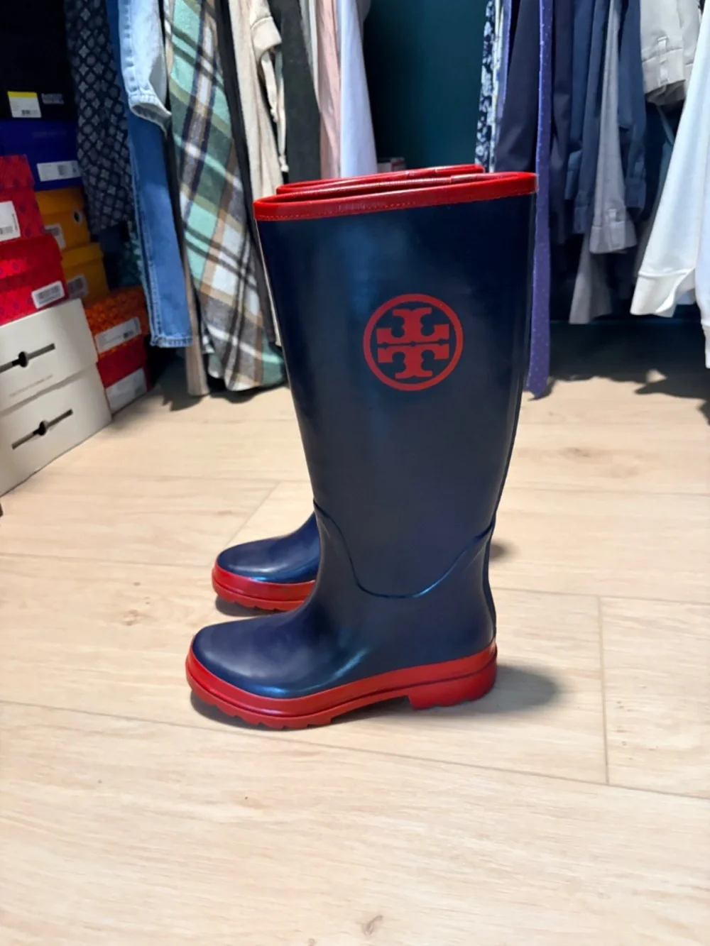 Tory Burch Navy and Red Rain Boots